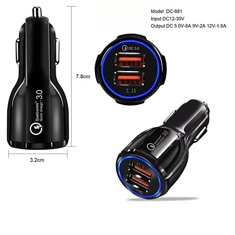 Автомобильная зарядка USB в прикуриватель, 2 USB, 12-24 В, 3.1 Ам, быстрая зарядка